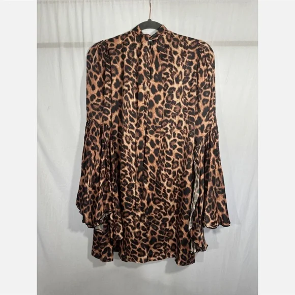 NWT Chloe Kristyn [ Small ] Satin Bell Sleeve Mini Dress in Leopard Animal Print - Picture 11 of 14